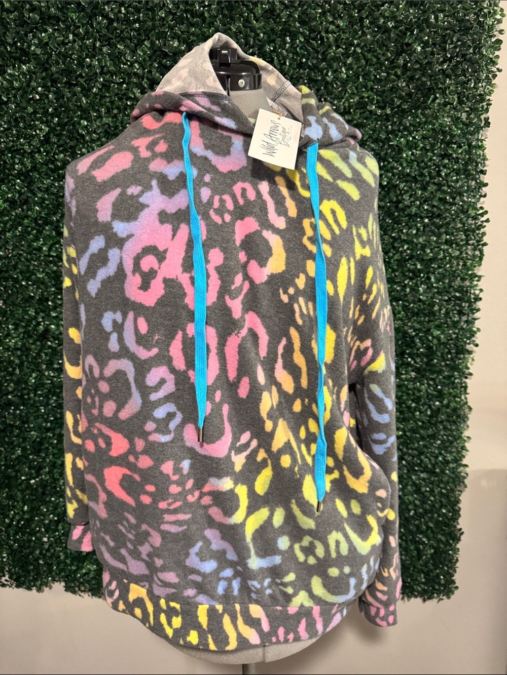 Colorful Leopard Print Hoodie with Blue Drawstrings
